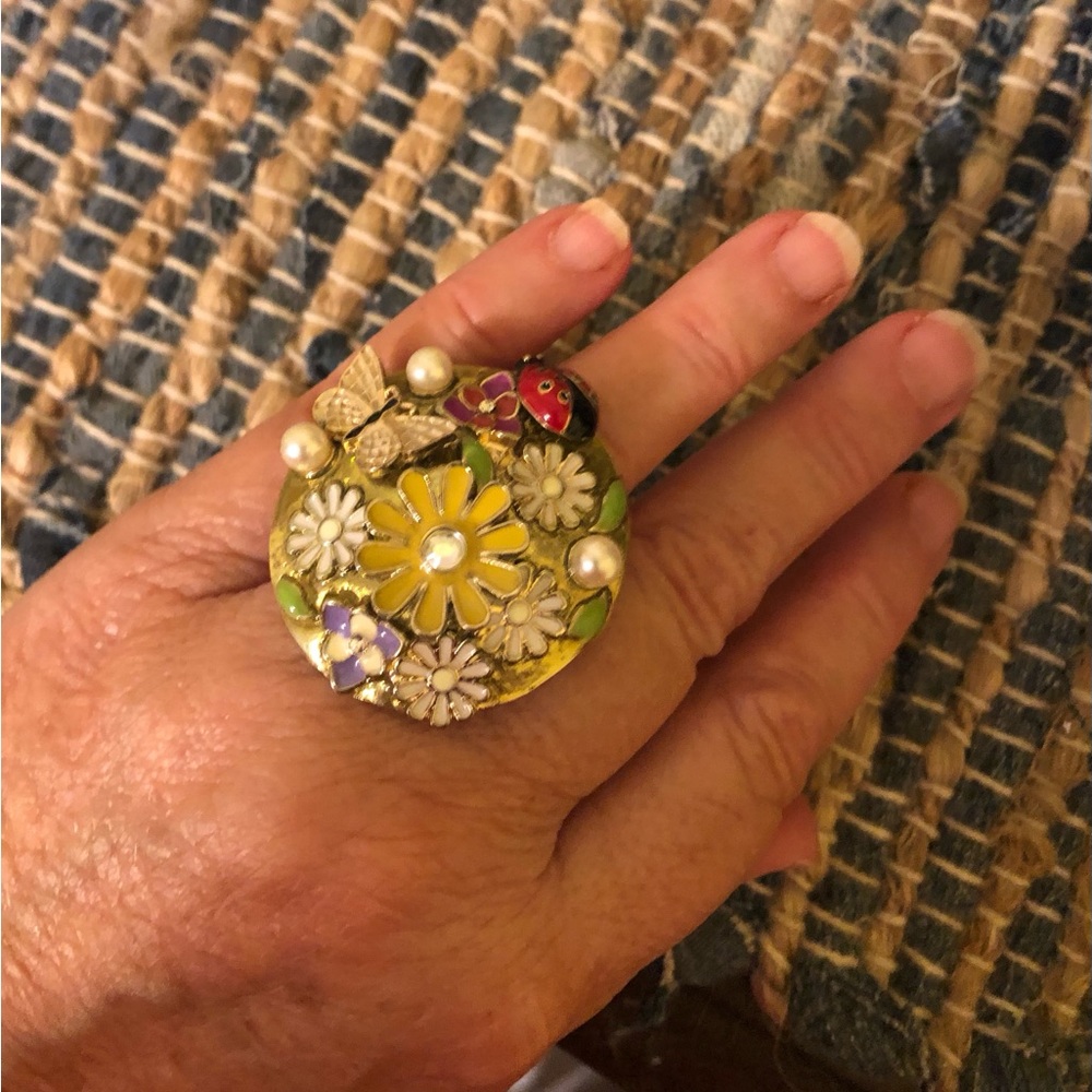 Floral Statement Ring with Butterfly and Ladybug Accents